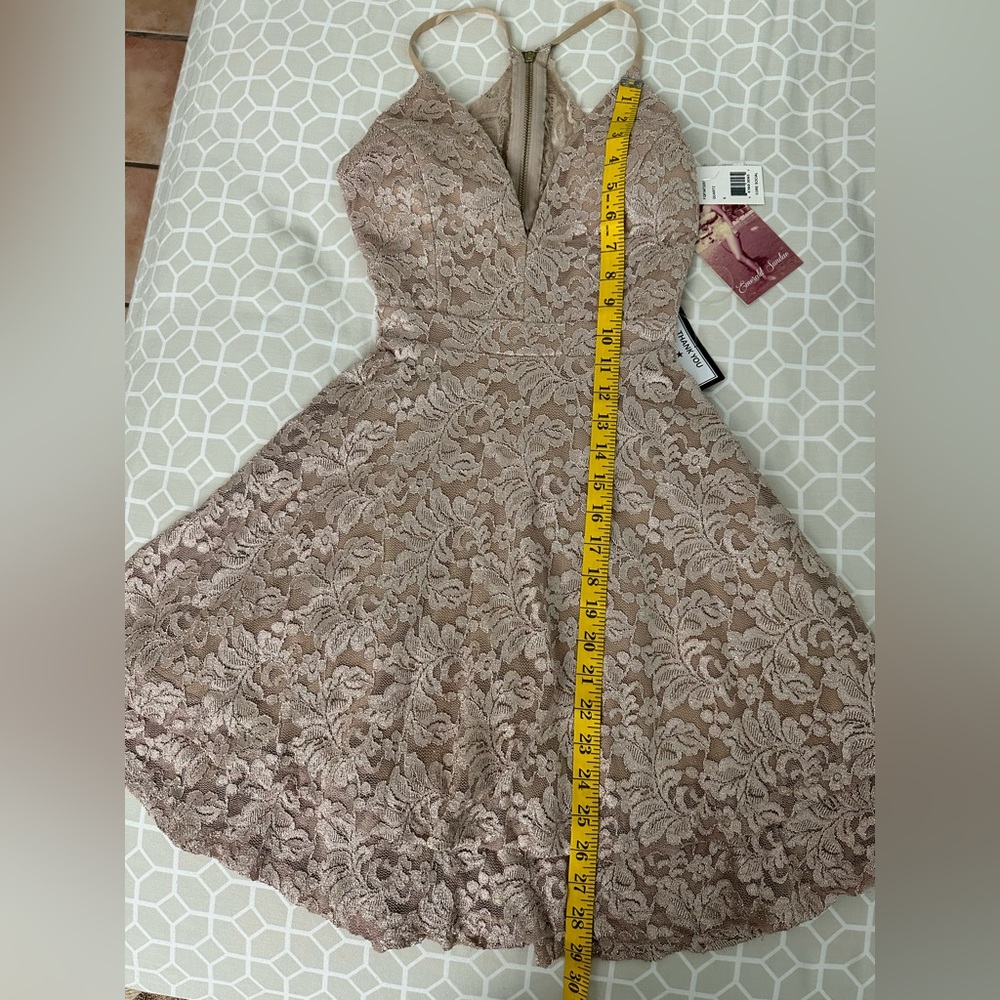 Emerald Sundae by Macy’s khaki lace shimmer mini dress with zip up back NWT - Picture 17 of 17